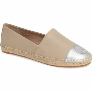 Tory Burch color block espadrille flat light taupe & silver with box